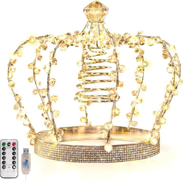Christmas Tree Topper Star, Jeweled Crown with 60 Warm White LED USB Lighted Tree Topper, Xmas Tree Decor with Remote