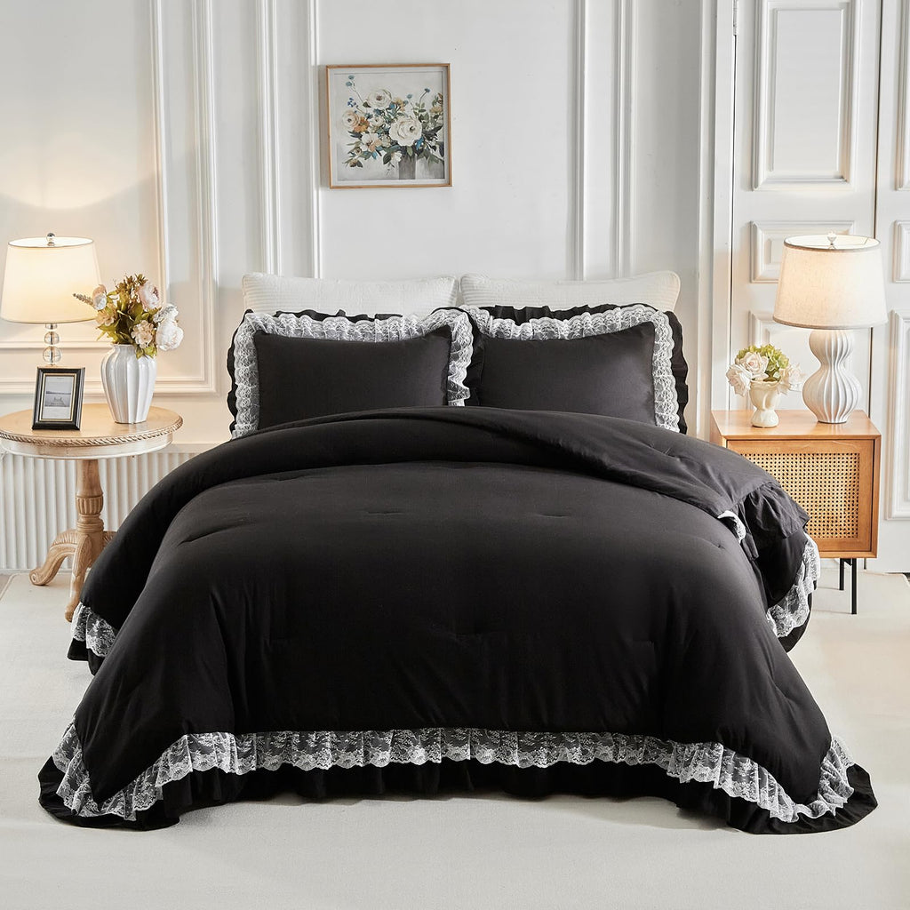 Queen Size Comforter Set Black, 3pcs Lace Ruffled Bedding Comforter Set, Microfiber Vintage Gothic Boho Chic Bedding