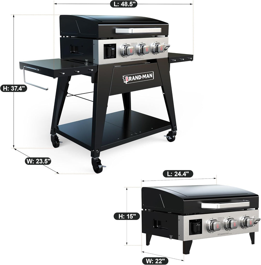 3-Burner Portable Propane Gas Griddle with Lid, 28,000 BTU Flat Top Grill, 504 Sq. In. Cooking Area, Folding Side Tables and Rolling Cart for Outdoor BBQ and Camping