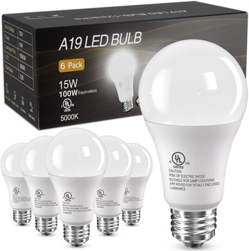 6 Pack LED Light Bulbs, 100 Watt Equivalent A19 Lightbulbs, 15W 5000K Daylight White, Bright Energy Efficient LED