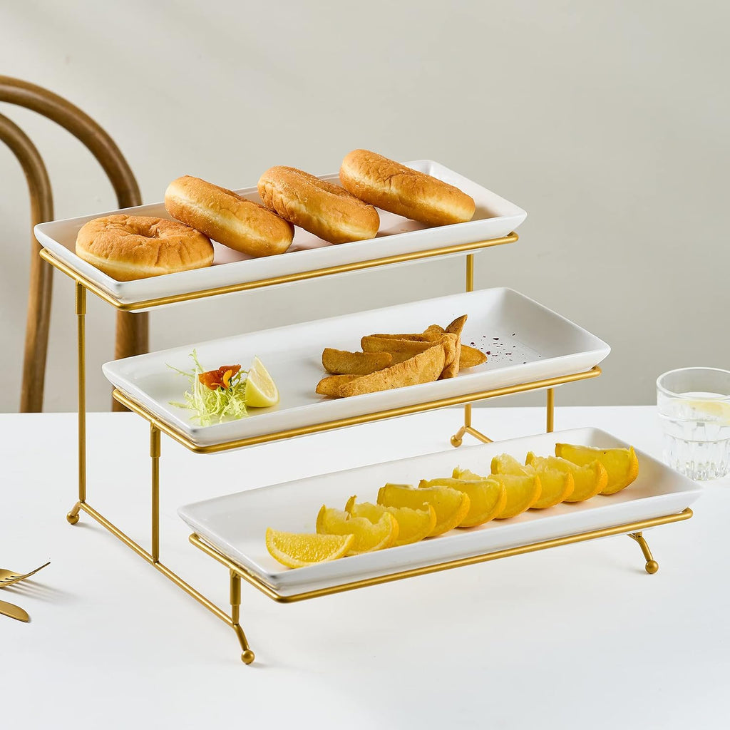 3 Tier Serving Bowls Set Tiered Serving Stand, Porcelain Oval Bowls with Collapsible Metal Stand for Entertaining