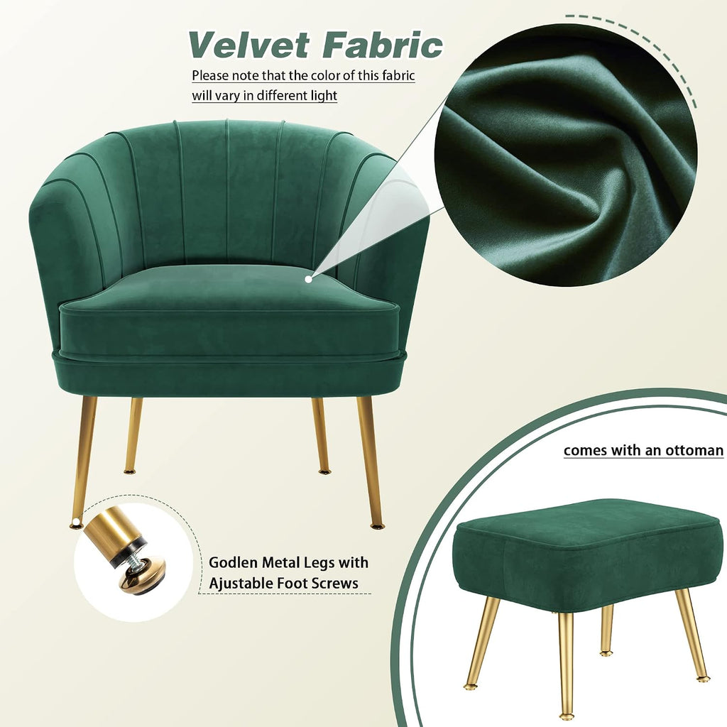 Velvet Accent Chair with Ottoman, Upholstered Modern Single Sofa Side Chair,Comfy Barrel Club Living Room Armchair
