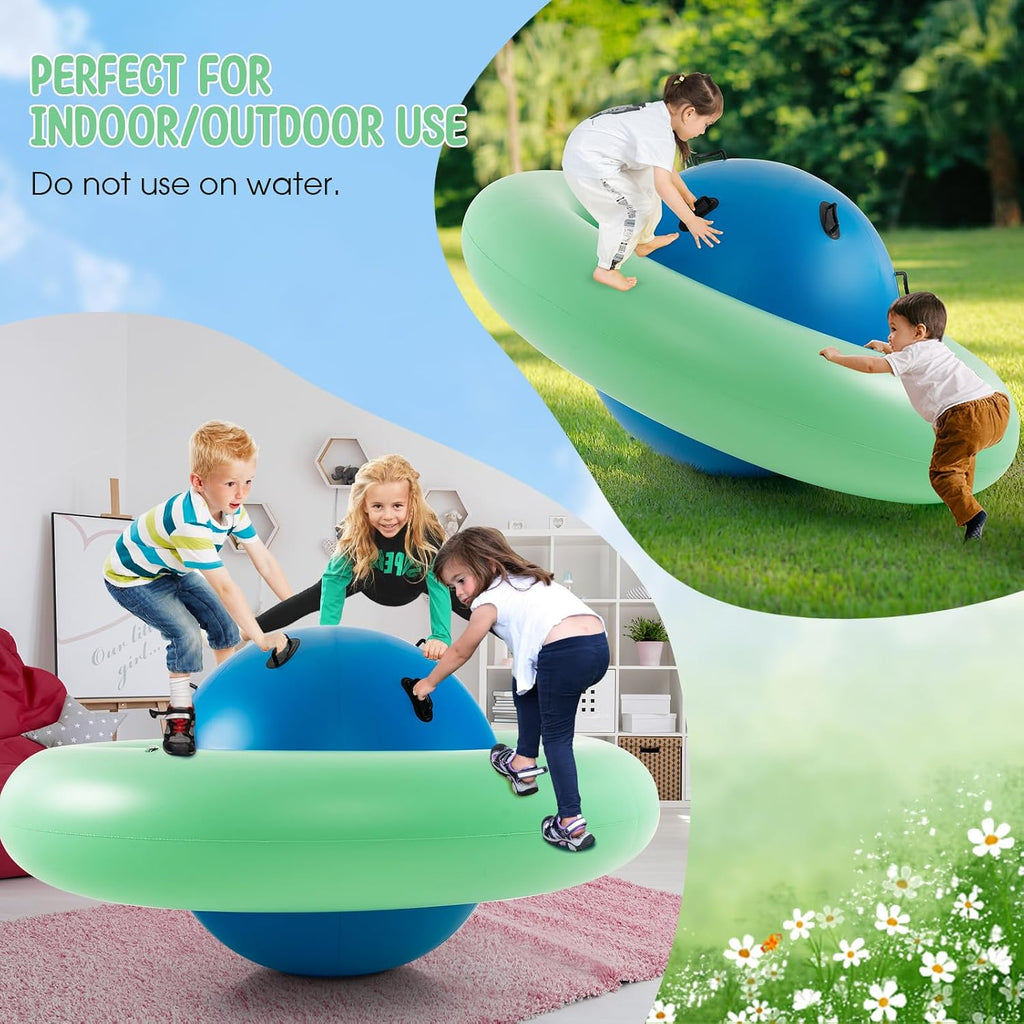 Inflatable Dome Rocker Bouncer, 88'' Kids Rock and Roll Teeter Totter Seesaw and Climbing Bridge with 6 Handles, Blow