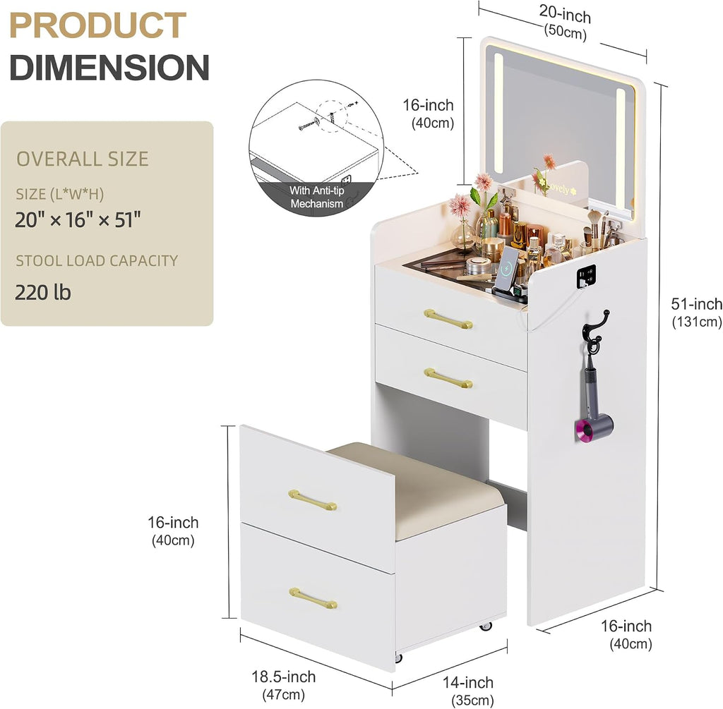 3 in 1 Vanity with Mirror and Sensor Lights,Charging Station,Pure White | Glass Top Compact Vanity with