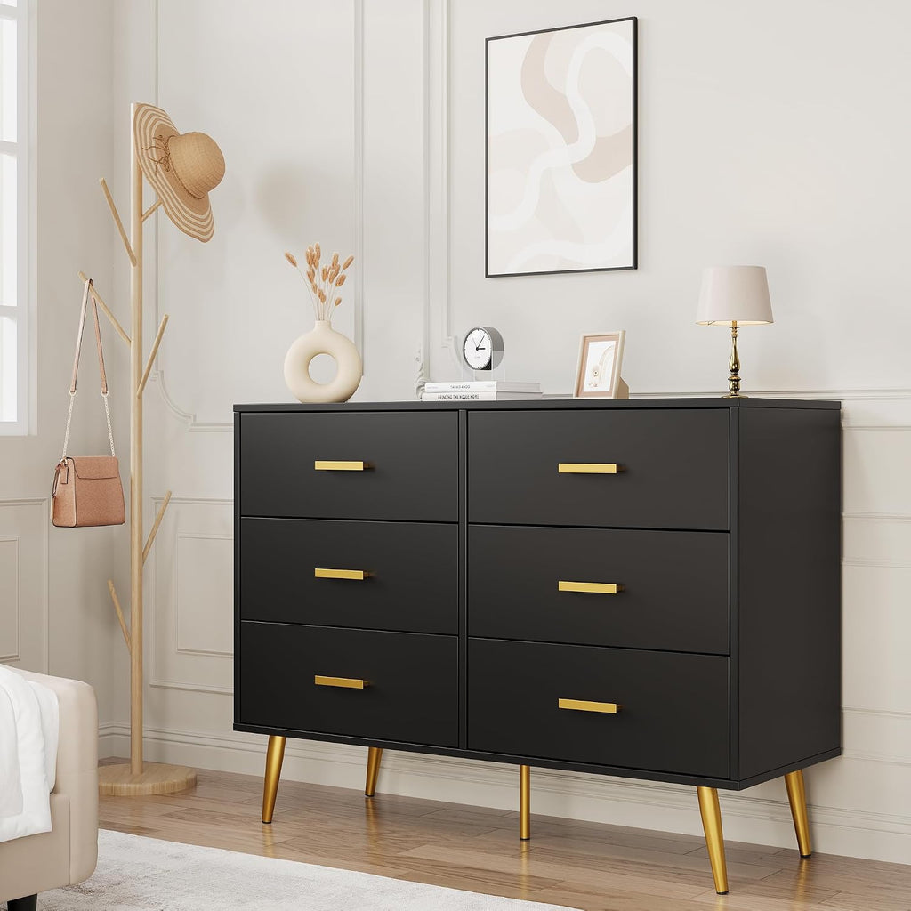 6 Drawer Dresser, Chest of Drawers with Gold Handles, Black | Wooden Modern Deep Drawers