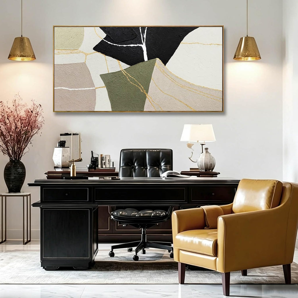 Framed Canvas Paintings Wall Art Textured Black Beige And Green Minimalist Irregular Modern Art Wall Decor Pictures