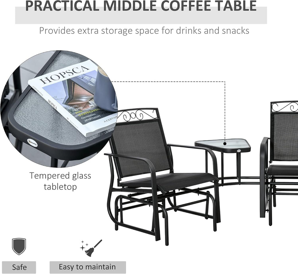 Outdoor Glider Chairs with Coffee Table Patio 2-Seat Black | Rocking Chair Swing, Breathable Sling, Backyard, Garden