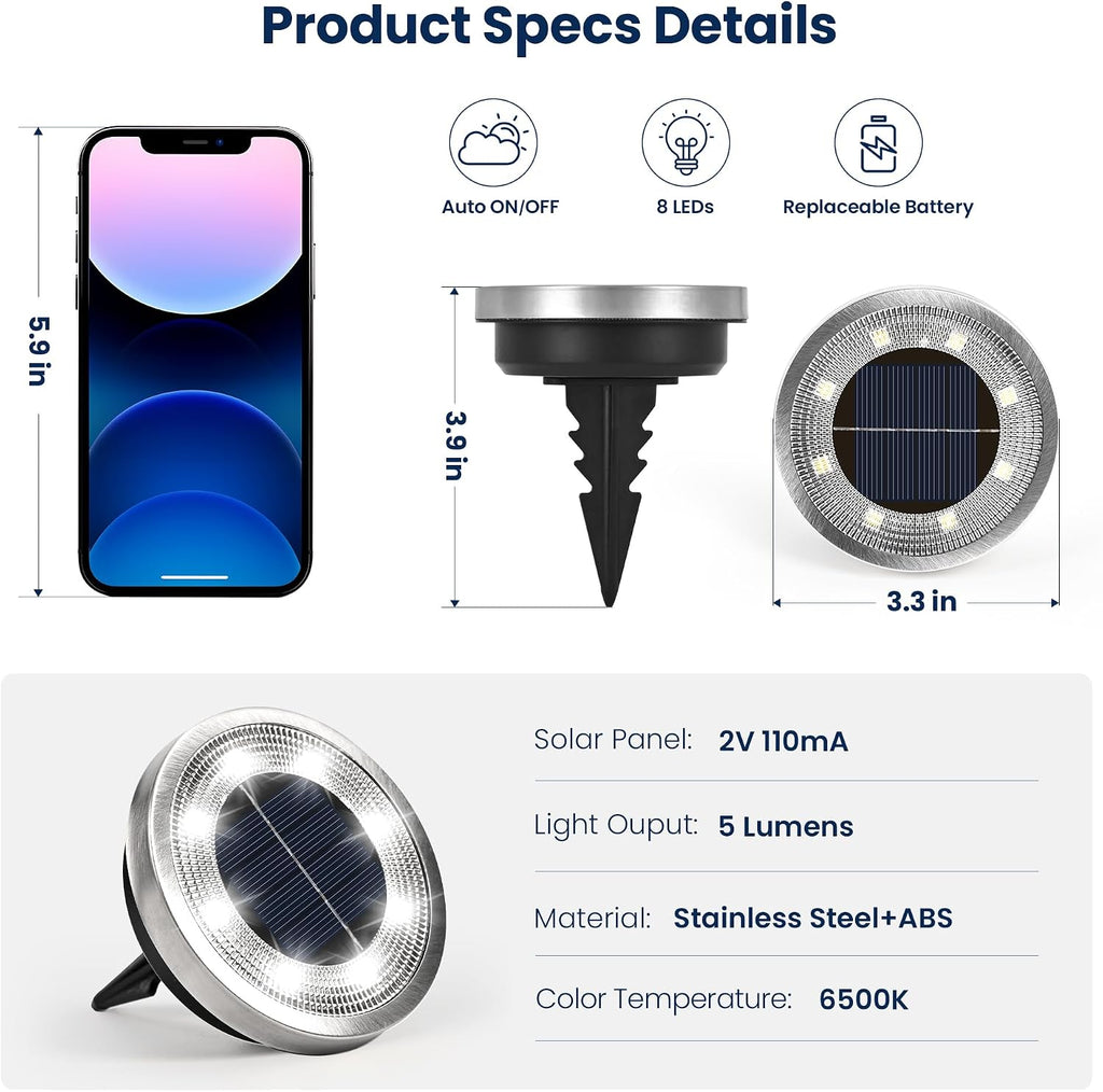 10 Pack Solar Ground Lights Outdoor, Backyard Decor Cool White | IP65 Waterproof Stainless Steel Landscape Lighting
