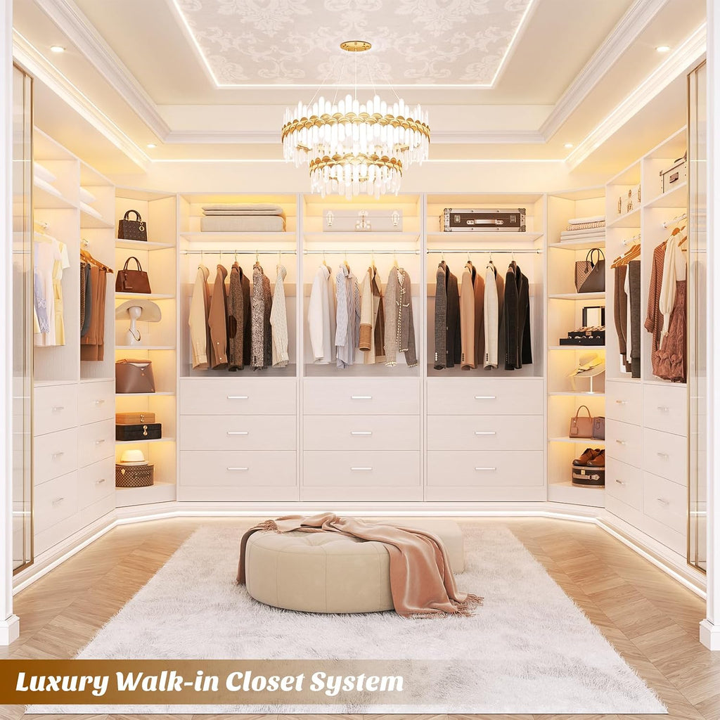 Closet System with 6 Drawers & 10 Shelves, Corner Closet Organizer System, Reversible Walk-in Closets, (L-Shaped