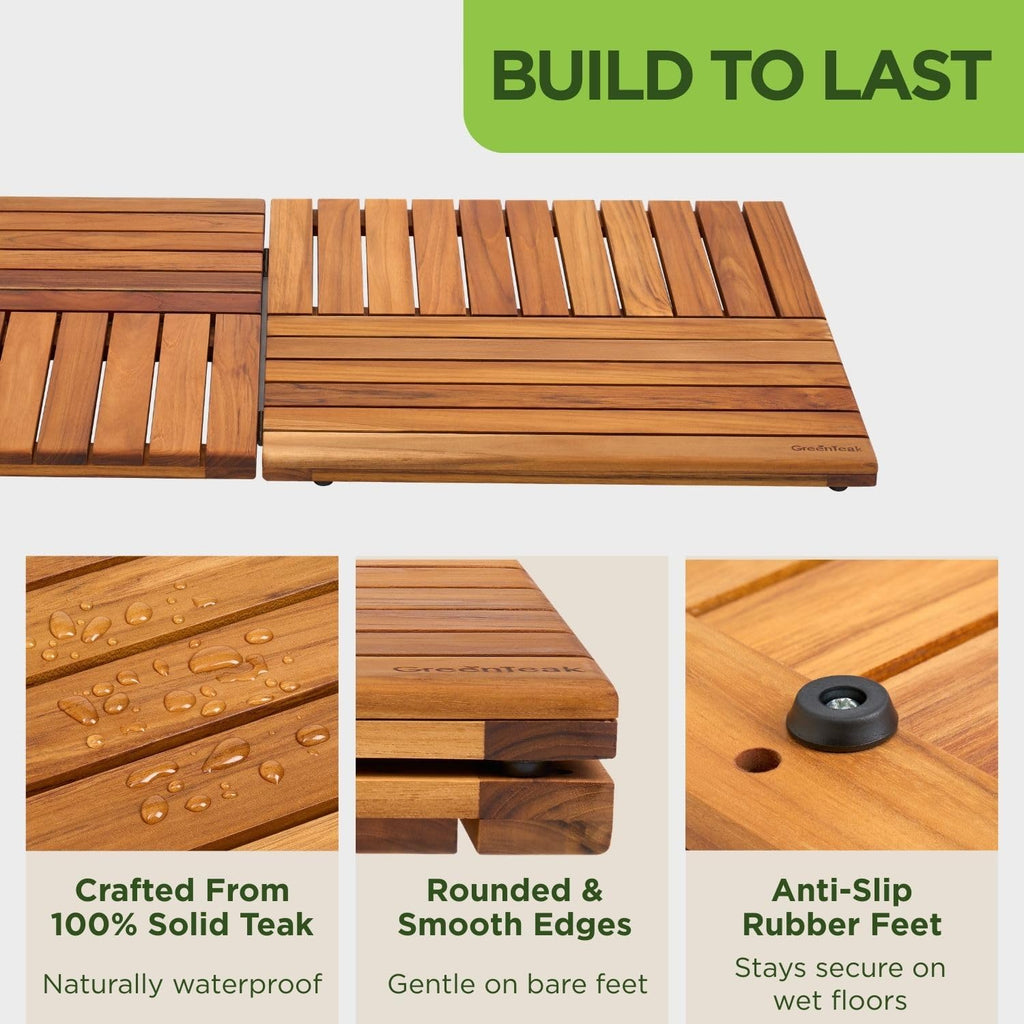 Premium 32"x21" Foldable Solid Teak Shower Mat, Non-Slip Bath Mat