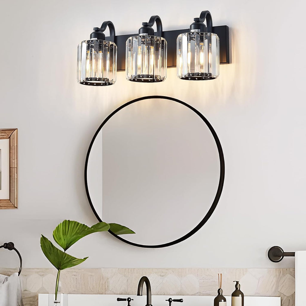 Modern 3-Lights Black Bathroom Vanity Light, Crystal Bathroom Lights Over Mirror, Modern Wall Lighting Fixtures with