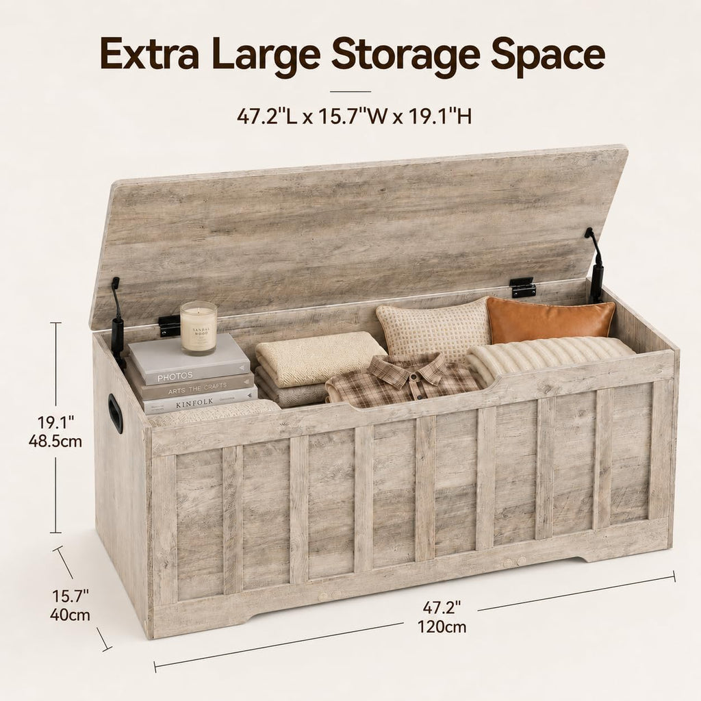 47.2" Storage Chest , Extra Large Wooden Storage Trunk with 2 Safety Hinges, Entryway Storage Bench, Blanket Chest