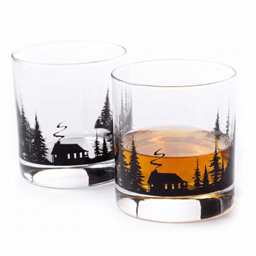 Cabin in the Forest Whiskey Glass Set - 11oz Old Fashioned Rocks Tumblers with Cabin & Pine Tree Design