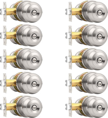 Brushed Nickel Door Knobs, Privacy Door Knob Bedroom, Interior Door Knobs with Thumb Turning Locking Button, 10 Pack