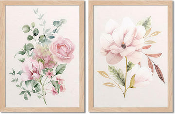Framed Botanical Wall Art Set of 2, Pink Floral Canvas Prints with Natural Wood Frame & Acrylic Cover, Modern