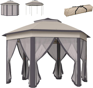 13' x 13' Pop Up Gazebo, Hexagonal Canopy Shelter with 6 Zippered Mesh Netting