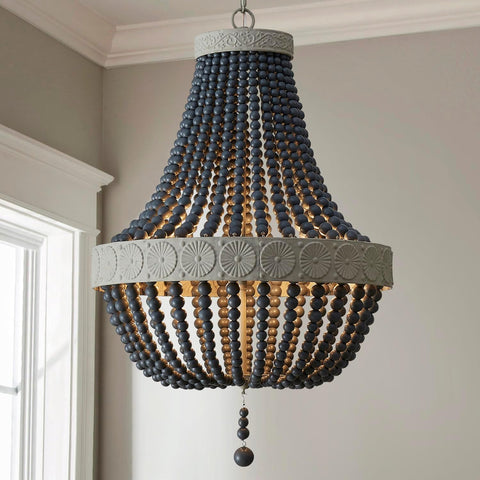 Farmhouse Chandeliers, Vintage Design Wood Bead Pendant Light Fixture, D18 x H26, Adjustable 59" Chains, 4 x E12 Sockets, Rustic Black Finish Bead & Dirt Grey Finish Metal Frame A100-B0CP668SHL