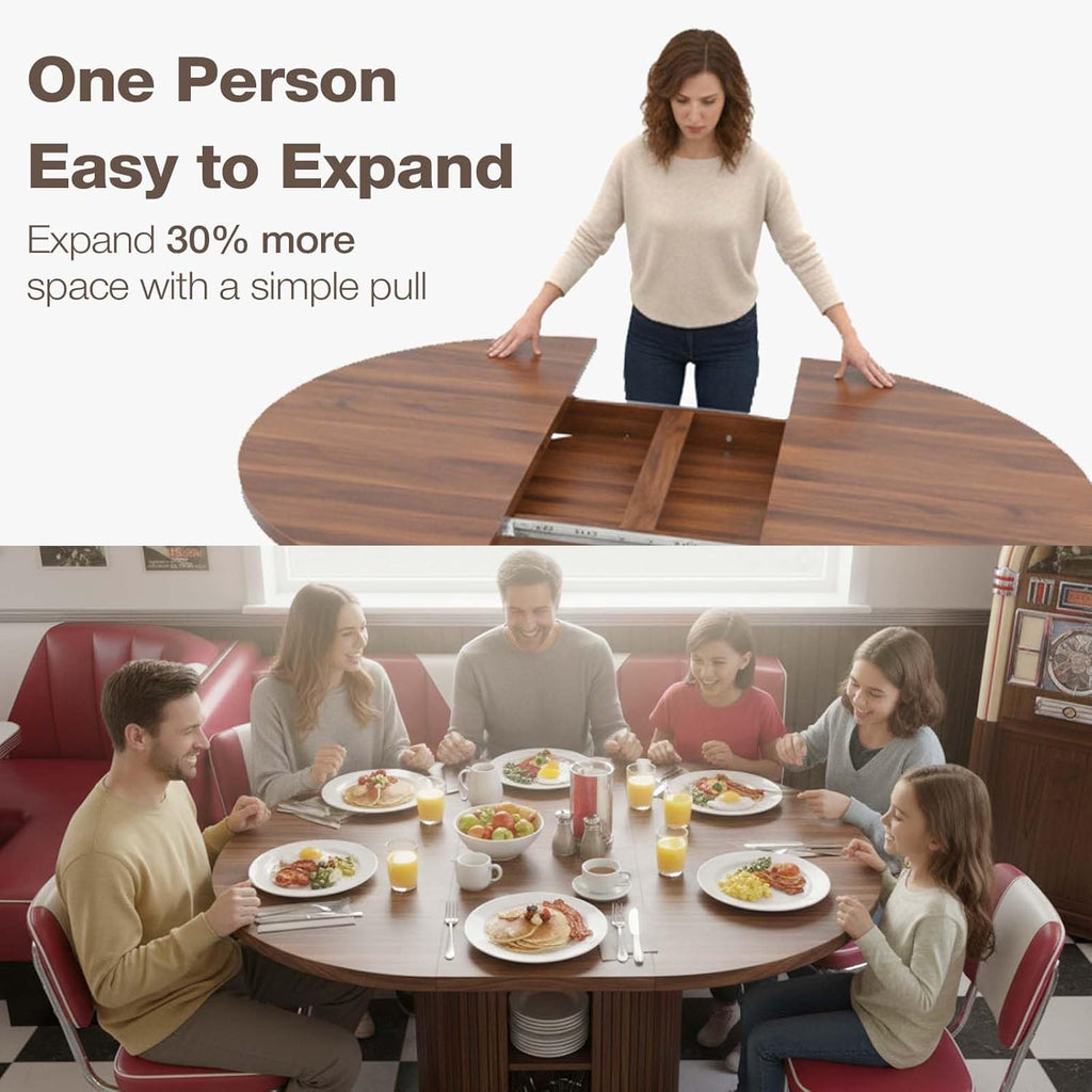 43.3'' - 59'' Extendable Round Dining Table for 4 - 8, Modern Wood Oval Kitchen Table with Storage Shelf