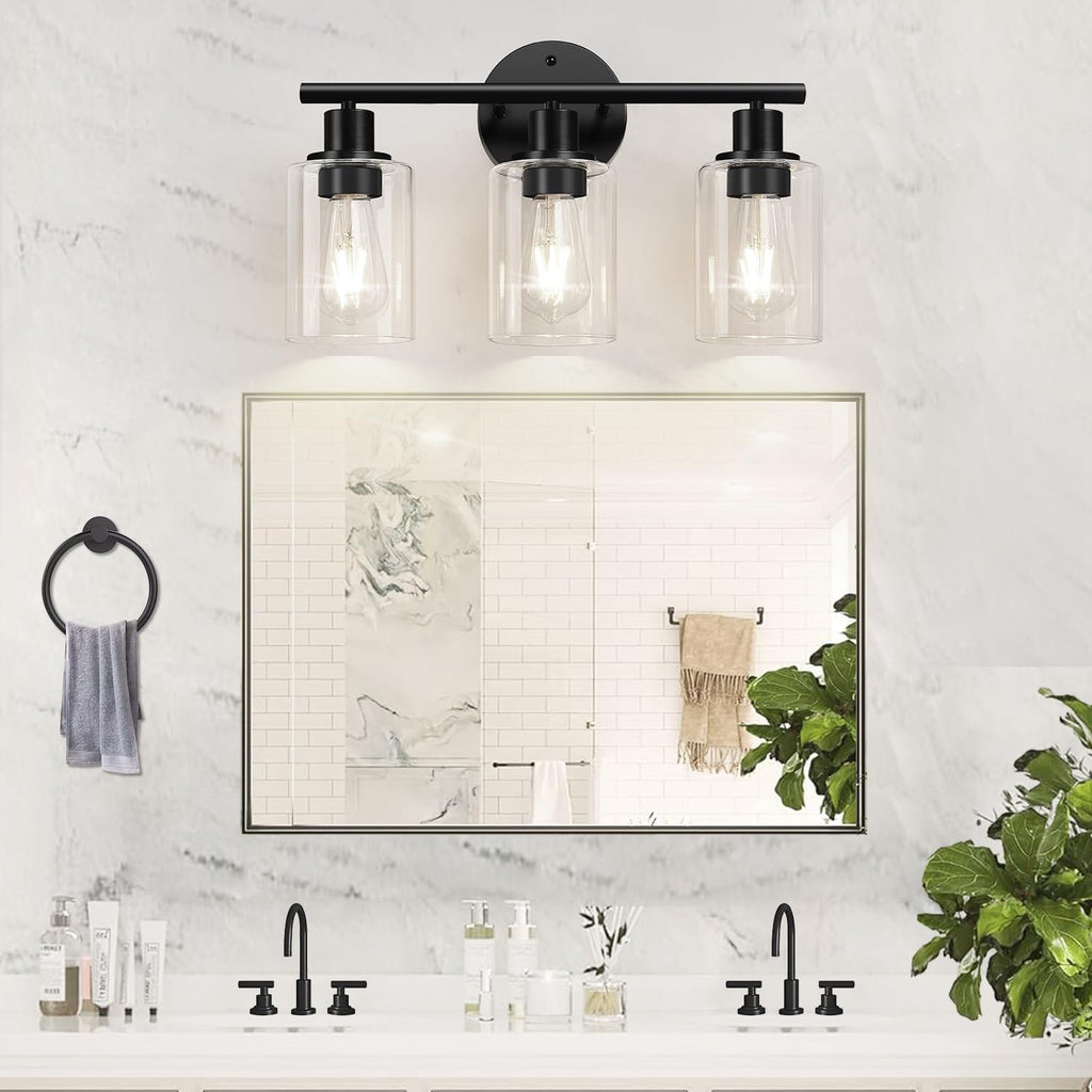 3-Light Bathroom Light Fixtures, 17.23" Black Modern Vanity Lights with Clear Glass Shade, Bathroom Wall Lamp for