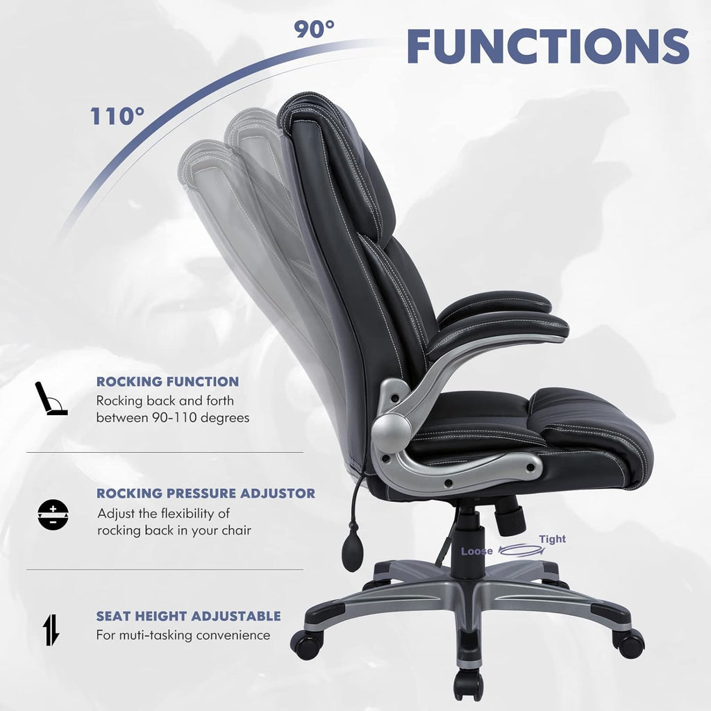 High Back Executive - Padded Leather Ergonomic Computer Desk Chair with Inflatable Lumbar Support & Flip-Up Arms