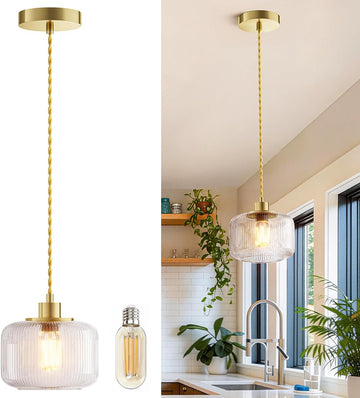 Clear Striped Glass Pendant Light, Gold Vintage Hand Blown Pendant Lamp, E26 7W LED Bulb Included, Adjustable