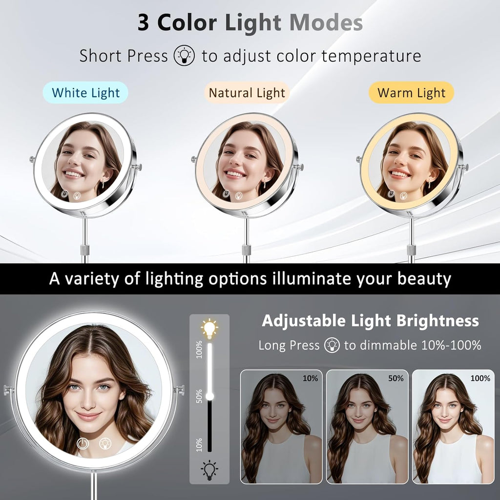 9" Makeup Mirror with Lights,5000mAh Rechargeable Vanity Mirror,1X/10X Double Sided Magnifying Mirror with Adjustable