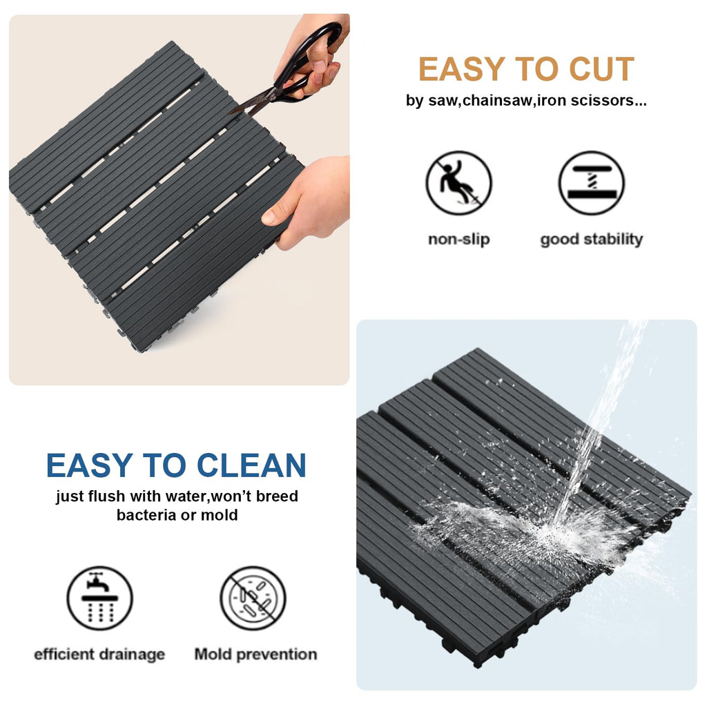12 PCS Plastic Interlocking Patio Deck Tiles - 12" x 12" Waterproof Indoor Outdoor Flooring, Patio Floor Decking for