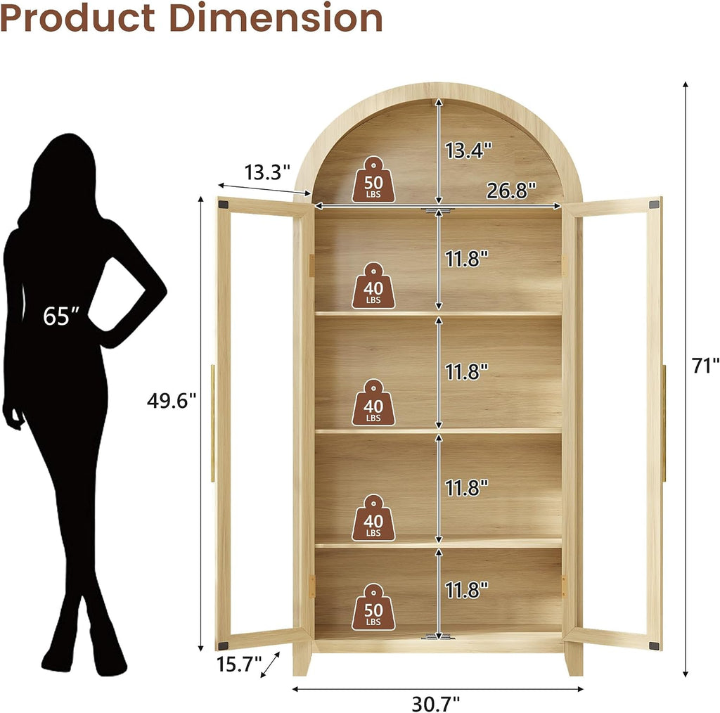71" Arched Kitchen Pantry Storage Cabinet with Glass Doors