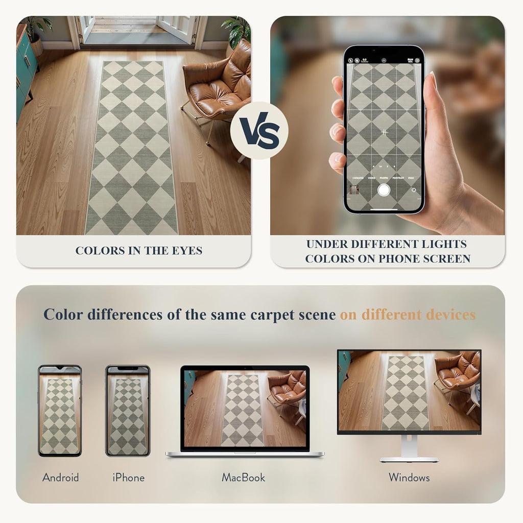 Checkered Print Rug Runners for Hallways 2.5x10, Green Kitchen Runner Rugs Non Skid Washable Ultra T