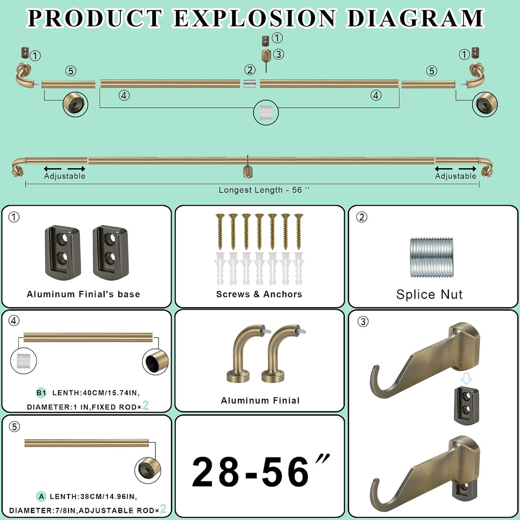 Antique Bronze Curtain Rod - with 1" Diameter Discs, Adjustable Room Darkening Curtain Rod with Aluminum