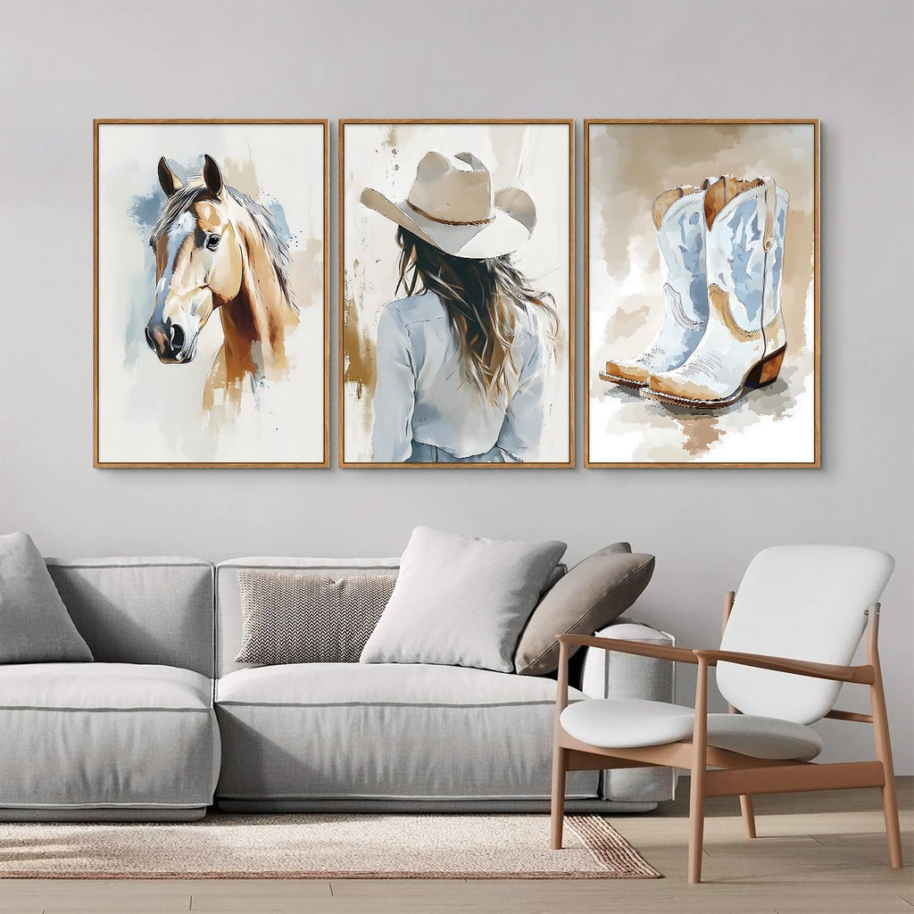 Large Western Cowgirl Posters Framed Canvas Wall Art Set, Blue and White Horse Wall Decor, Glam Rodeo Boots Art