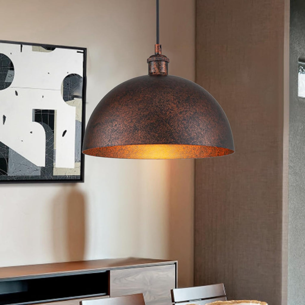 11.8" Industrial Metal Dome Pendant Light, Rust Industrial Pendant Lights for Kitchen Island, Dimmable Hanging Light
