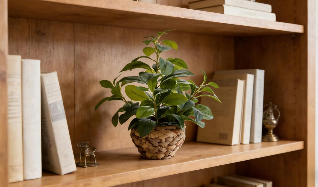 15" Artificial Broad Leaf Potted Plant in Handwoven Seagrass Basket Planter Small Tabletop Fake Plant for Indoor Home