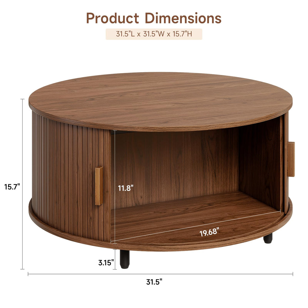 31.5" Round Coffee Table w/Storage Adjustable Footpad Walnut