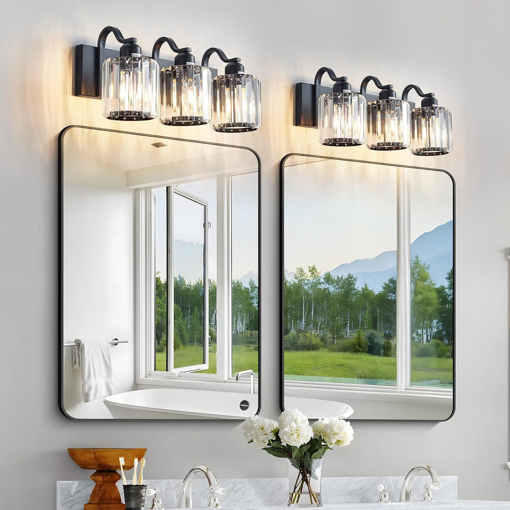 Modern 3-Lights Black Bathroom Vanity Light, Crystal Bathroom Lights Over Mirror, Modern Wall Lighting Fixtures with