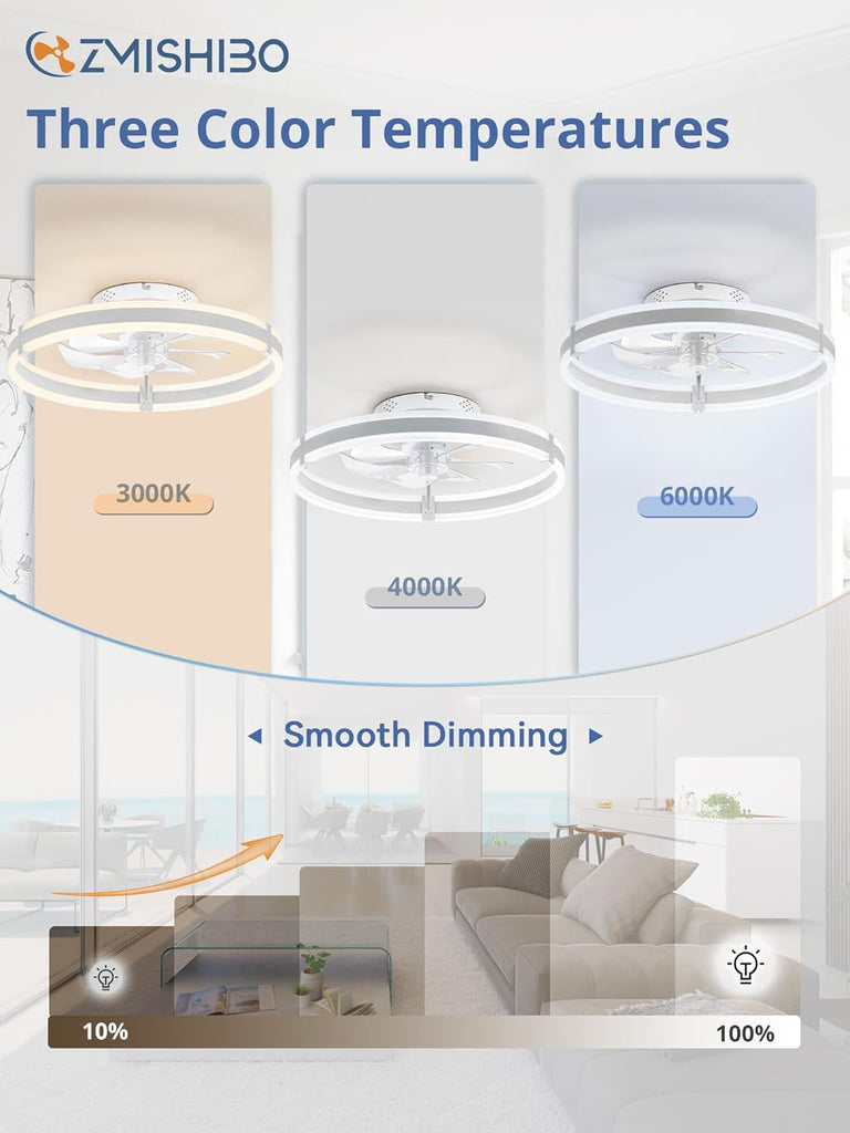 Ceiling Fans with Lights and Remote, 19.7'' Low Profile Ceiling Fan, 3000-6000K Dimmable Modern Flush Mount LED Fan Light, 6 Wind Speeds, White Fandelier Ceiling Fans for Bedroom