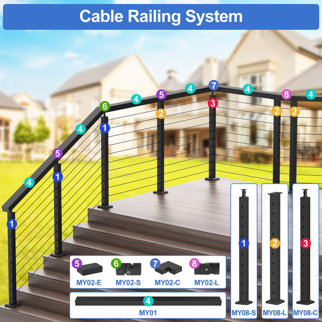 36" Black Cable Railing Post(35"x2"x2") for 25-35 Degrees Stair, Stainless Steel Adjustable Stair Post