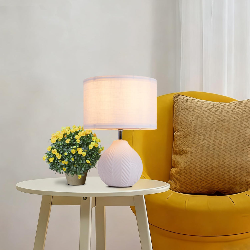 12'' White Ceramic Table Lamp, Leaf Patterned Ceramic Desk Lamp Small Bedside Lamp with Linen Shade, Mid Century