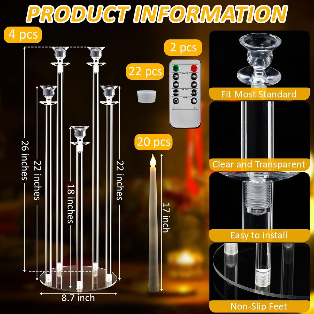 4 Set 5 Arms Acrylic Candelabra Centerpieces, Clear Candlesticks Holders with 20 LED Candles 2 Remote Timer 22 Rubber