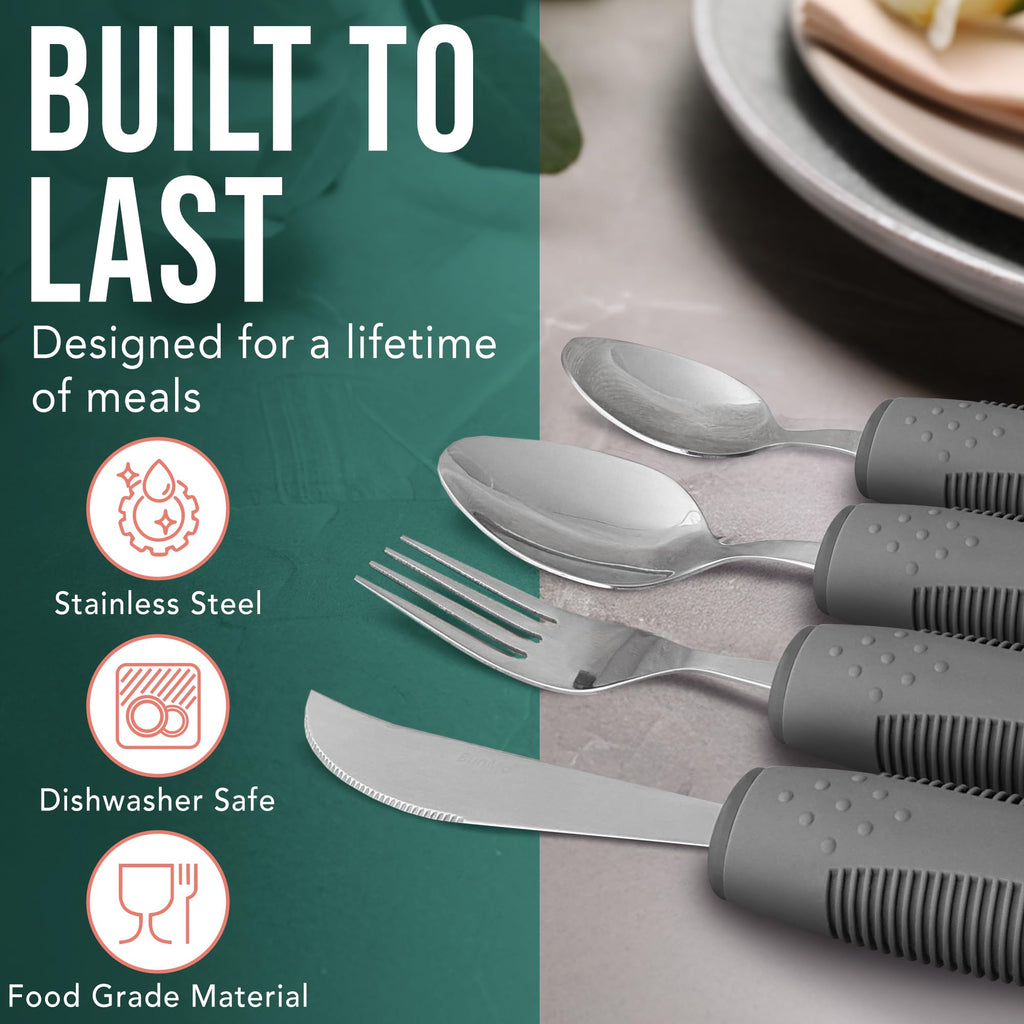 Adaptive Utensils for Elderly, Tremors & Weak Hand Grips - 4pc Lightweight Assistive Silverware Set with Foam Easy