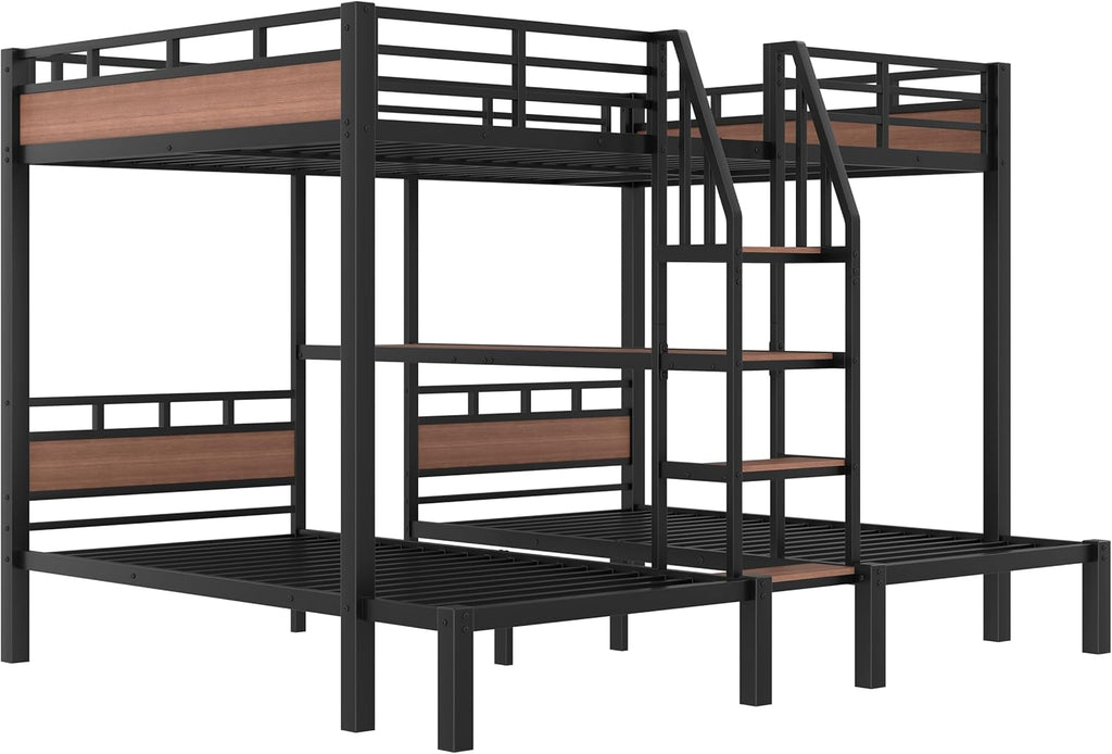 Queen Over Twin Over Twin Bunk Bed with Shelf and Stairs, Heavy Duty Triple Bunk Beds with Safety Guardrails