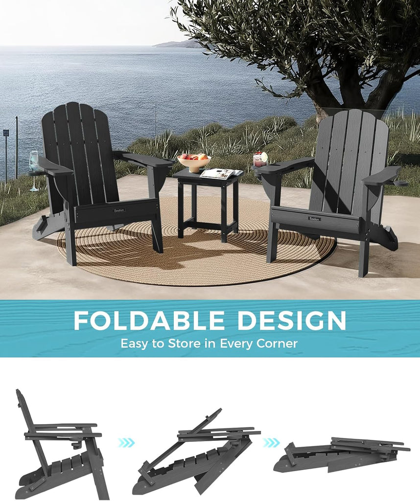 Folding Adirondack Chair, All-Weather HDPE Plastic Patio Chair with 2 Cup Holders, Wooden Textured Lawn Chair