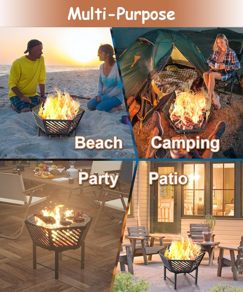 22.5 Inch Portable Hexagon Fire Pit with Travel Bag