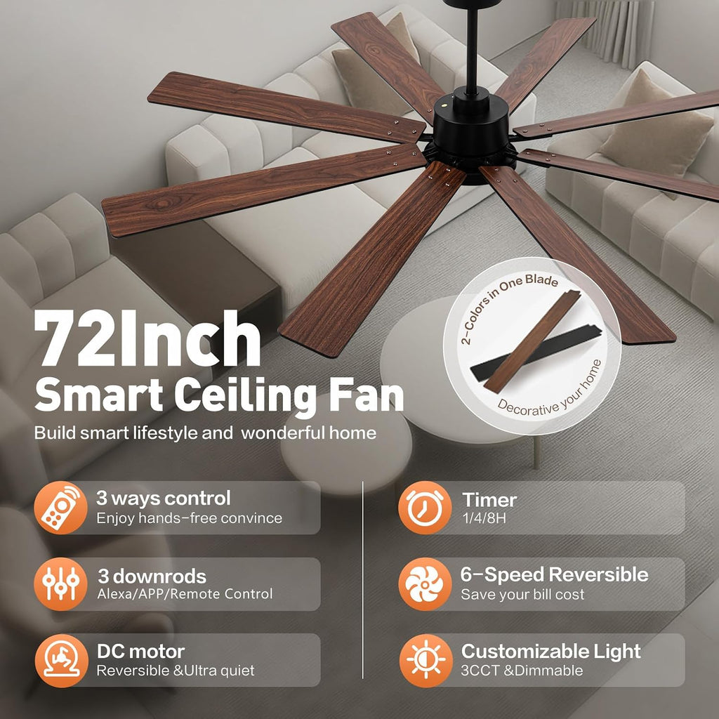 72 Inch Large Smart Ceiling Fan with Light and Alexa/APP(via WiFi),Black Indoor Outdoor Ceiling with Remote ,6 Speed
