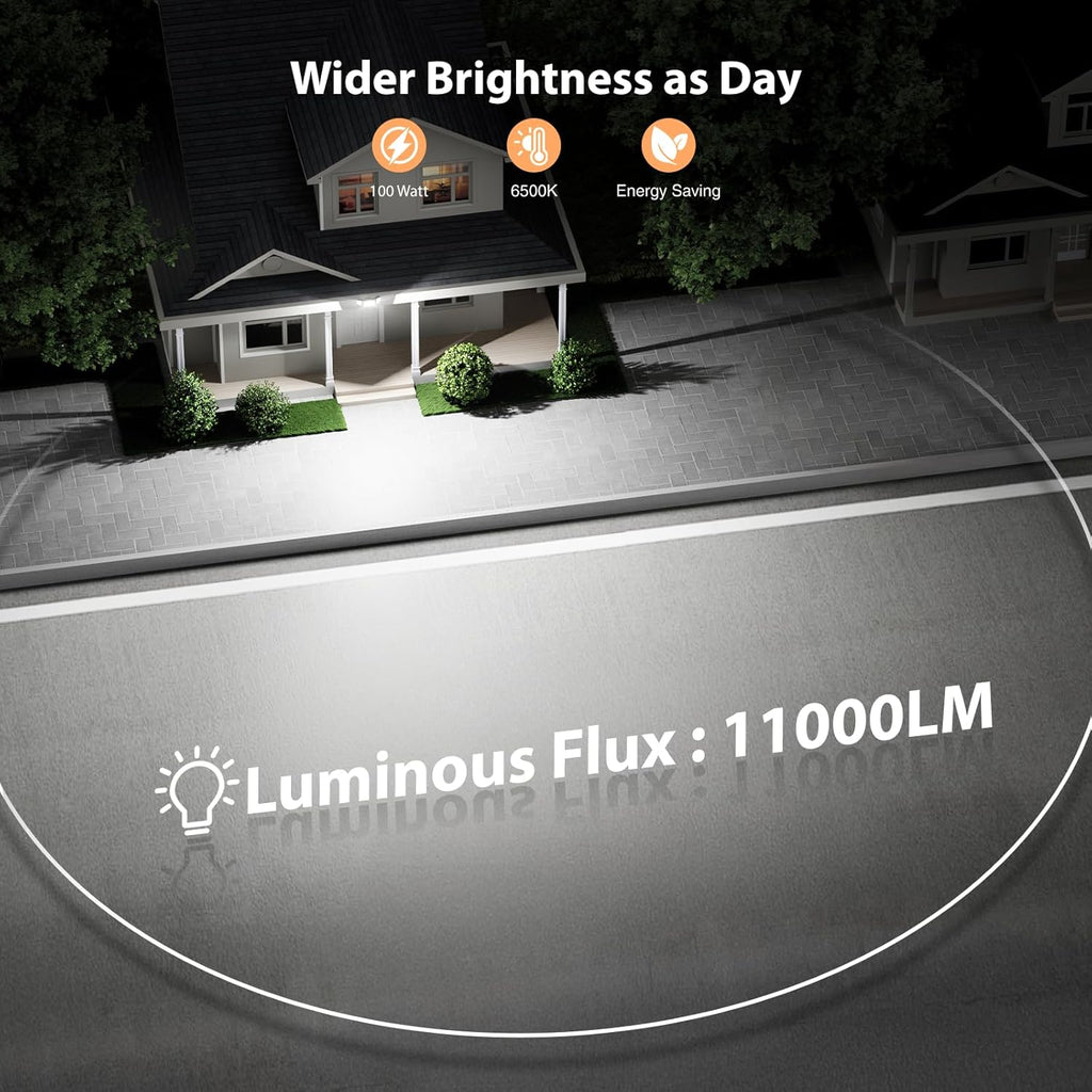 100W 11000LM Flood Lights Outdoor, Brightness Security LED Flood Lights with 3 Adjustable Heads, Switch Controlled