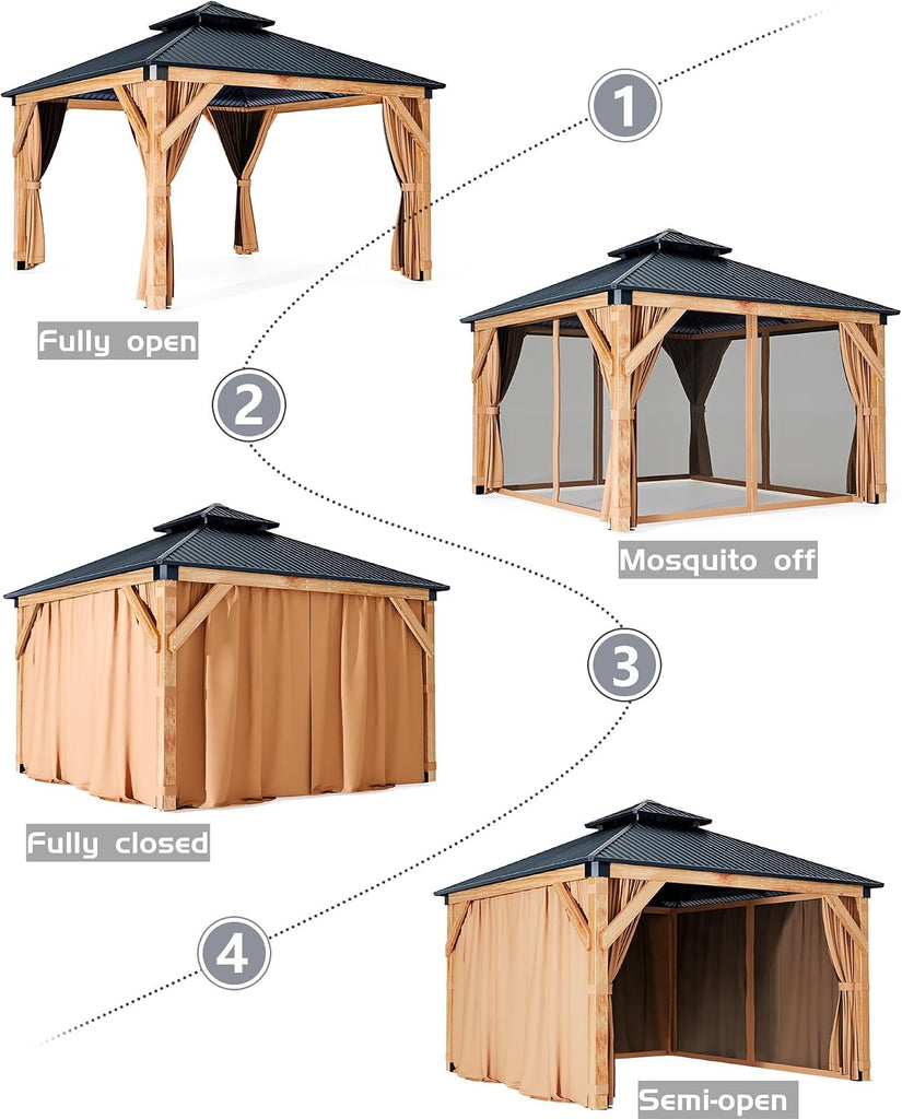 Hardtop Wood Gazebo 10 x 10 ft, with Double Metal Roof, Net, and Curtain, Permanent Building and Garden