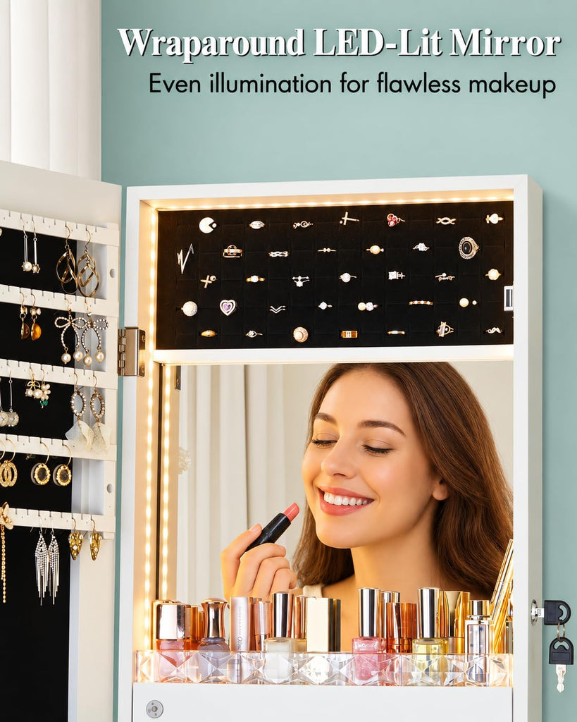 White LED Jewelry Cabinet Wall-Mounted, 42 in Mirror with Storage