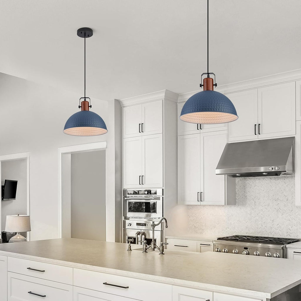12 Inch Blue Pendant Lights Hammered Matte Pendant Lights for Kitchen Island Industrial Farmhouse Adjustable Height