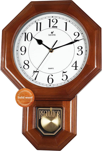 Traditional Schoolhouse Solid Wood Pendulum Wall Clock Chimes Hourly with Westminster Melody Chime Made in Taiwan (Dark Wood...