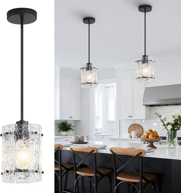 Black Glass Pendant Lights Kitchen Island, Water Ripple Round Pendant Lights Adjustable Modern Hanging Pendant Light